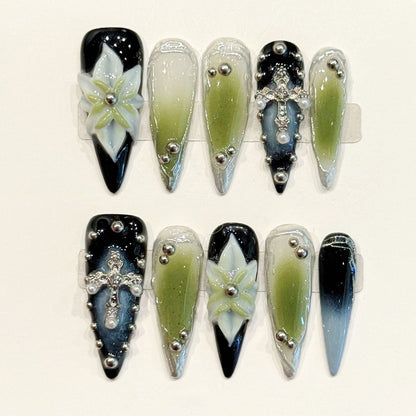 Bold handmade stiletto nails with green ombre & silver cross details - Gothic elegance, reusable - Applies in 15 minutes