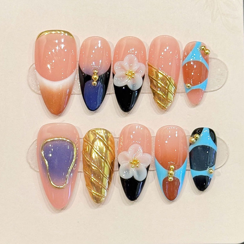 Bold maximalist almond press-ons with textured gold leaf, 3D flowers & electric color blocks - handcrafted artistic statement nails