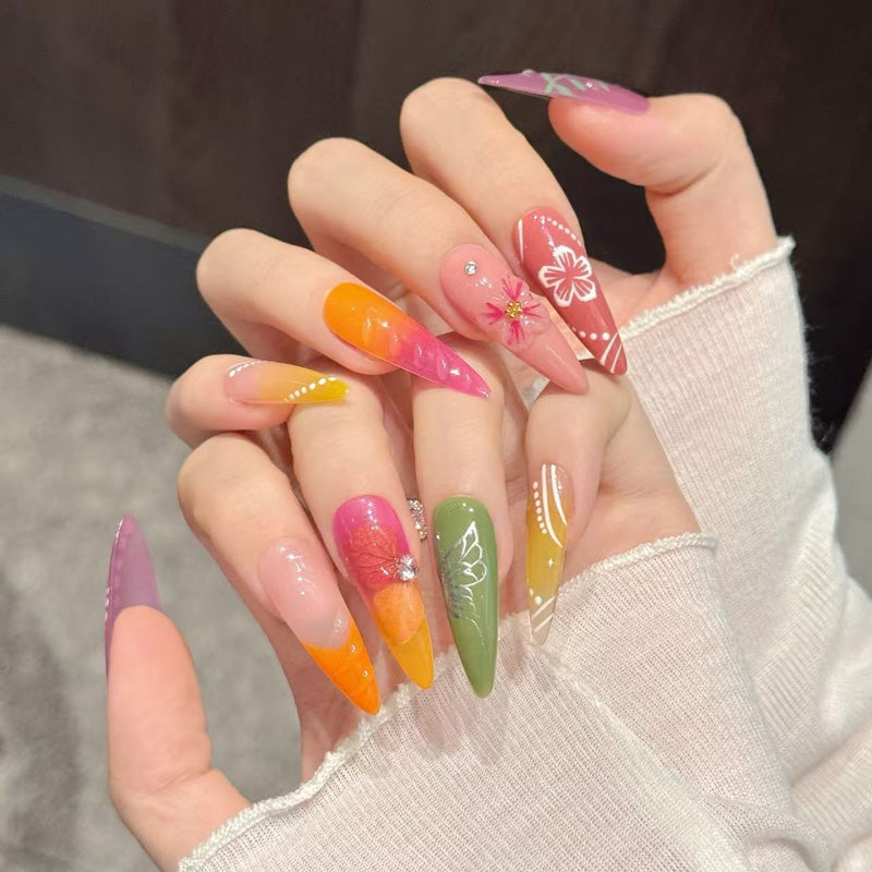 Bold sunset stiletto false nails featuring multi-color ombré, dimensional flowers & pearl dots - dramatic 10-piece vacation set