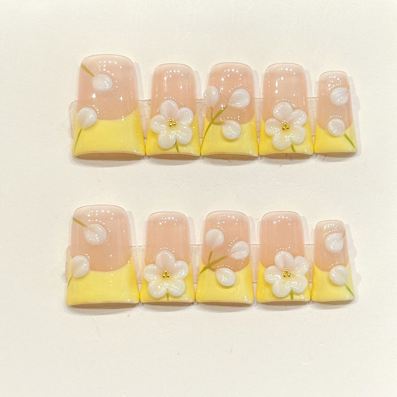 Cheerful handmade duck nails with yellow French tips, 3D white daisies & pearls - Spring sunshine elegance - Applies in 15 minutes