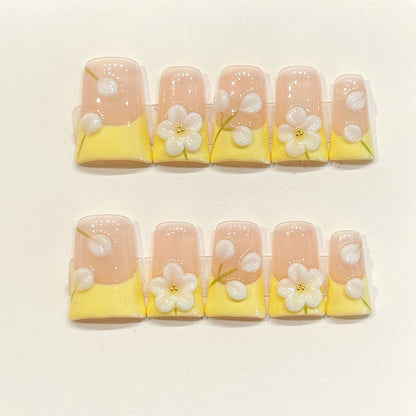 Cheerful handmade duck nails with yellow French tips, 3D white daisies & pearls - Spring sunshine elegance - Applies in 15 minutes