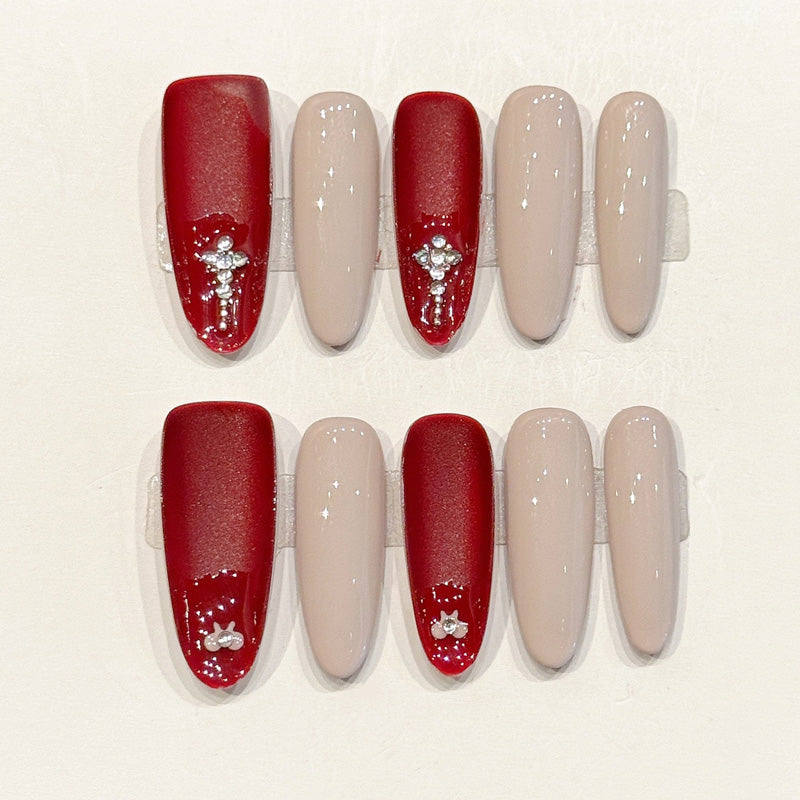 Classic handmade oval nails with red & nude tones, rhinestone accents - Timeless elegance, reusable - Applies in 15 minutes