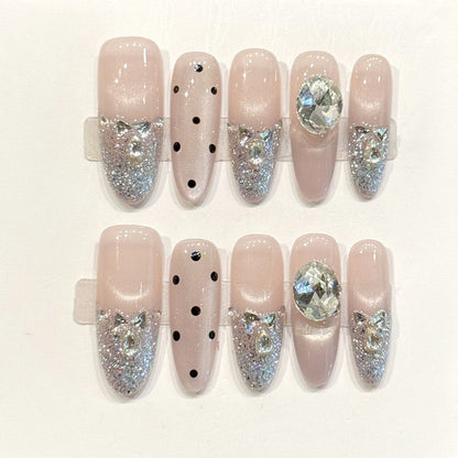 Dazzling handmade oval nails with nude base, silver glitter gradient & oversized diamond - Bridal sparkle luxury - Applies in 15 minutes