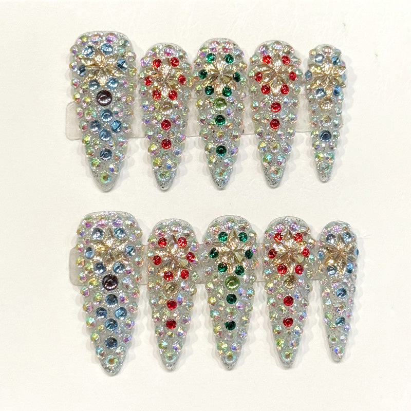 Dazzling handmade stiletto nails with hundreds of AB rhinestones, crystal flowers & gems - Maximum sparkle luxury - Applies in 15 minutes