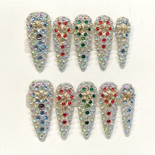 Dazzling handmade stiletto nails with hundreds of AB rhinestones, crystal flowers & gems - Maximum sparkle luxury - Applies in 15 minutes