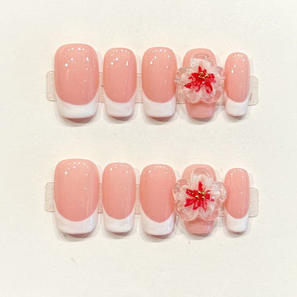 Delicate handmade coffin nails with peachy pink, white French tips & 3D sakura flower - Spring elegance, reusable - Applies in 15 minutes