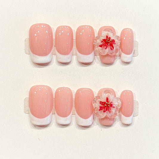 Delicate handmade coffin nails with peachy pink, white French tips & 3D sakura flower - Spring elegance, reusable - Applies in 15 minutes