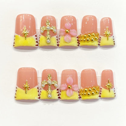Divine handmade duck nails with pink & yellow, gold cross & star charms, 3D flower - Faith-inspired beauty - Applies in 15 minutes