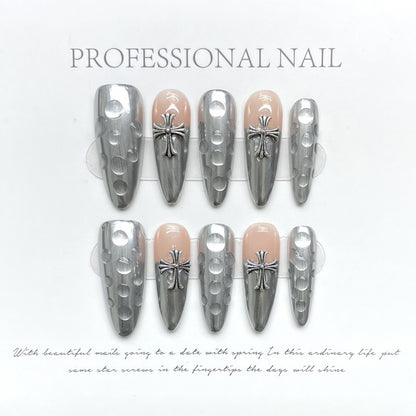 Dramatic stiletto long press-on nails with gothic cross design - chrome & nude finish, perfect for alternative fashion & dark romance