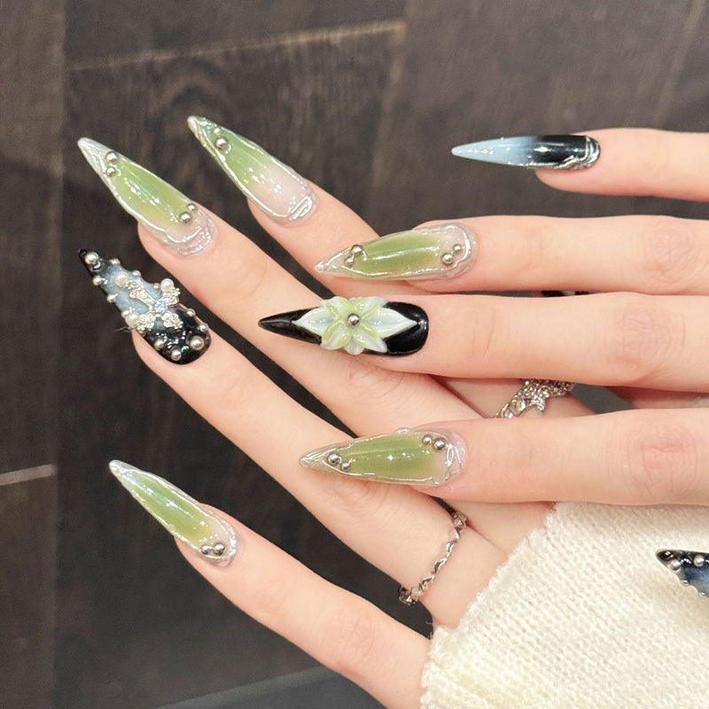 Dramatic stiletto press-on nails featuring ombre gradient & cross charms - Salon-quality art at home - Complete set of 10