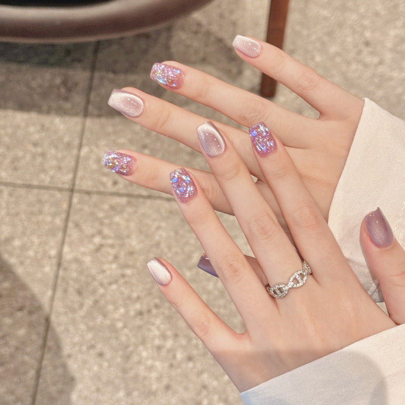 Dreamy coffin short press-on nails with lavender purple & holographic glitter - ethereal design, perfect for romantics & magical moments