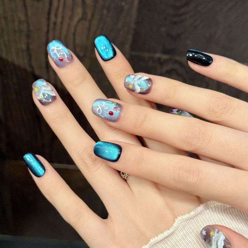 Dreamy squoval nails with blue shimmer, 3D flowers, bow & jelly base - perfect for blue shimmer flower bow jelly elegant charm & dreamy style