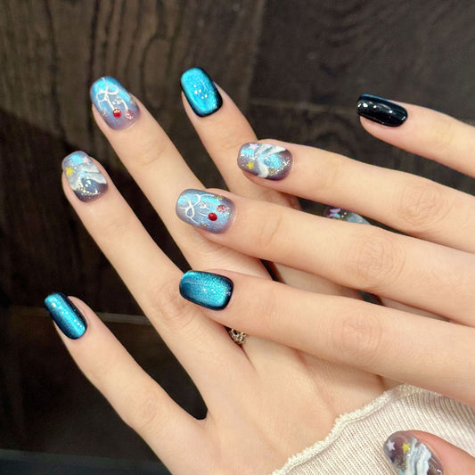 Dreamy squoval nails with blue shimmer, 3D flowers, bow & jelly base - perfect for blue shimmer flower bow jelly elegant charm & dreamy style