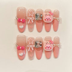 Adorable Pink Bunny Charm Oval Press On Nails with 3D Bows