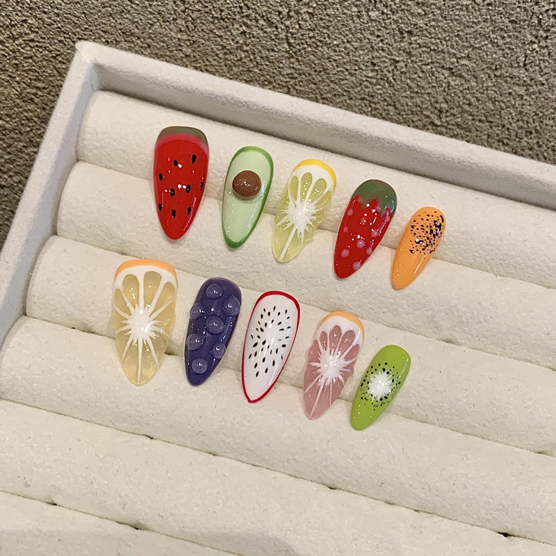 Elegant Almond Nails Fruit Theme Colorful Handmade - Professional Quality with Vibrant Fruit Patterns and Summer Style