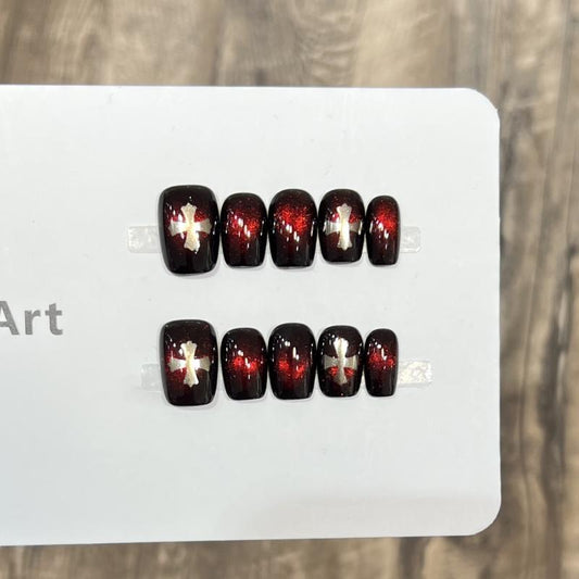 Elegant Halloween gothic cross coffin short press-on nails with stunning red gradient effects and mystical golden cross symbols