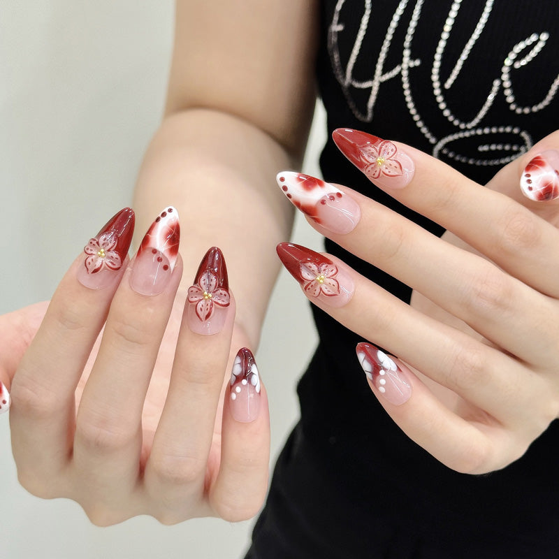 Elegant almond nails with 3D burgundy flower, gradient ombre, gold accents & pearls - perfect for burgundy flower gradient elegant charm & romantic style