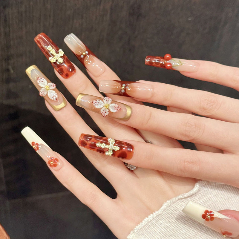 Elegant coffin nails with 3D cherries, crystal cross, flowers & tortoiseshell - perfect for cherry cross flower tortoiseshell charm & romantic style