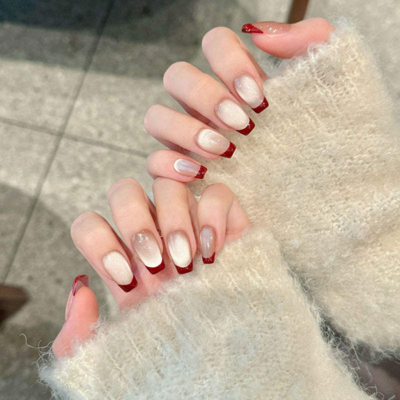 Elegant coffin short press-on nails with classic French design & burgundy red tips - perfect for romantic dates, timeless sophistication