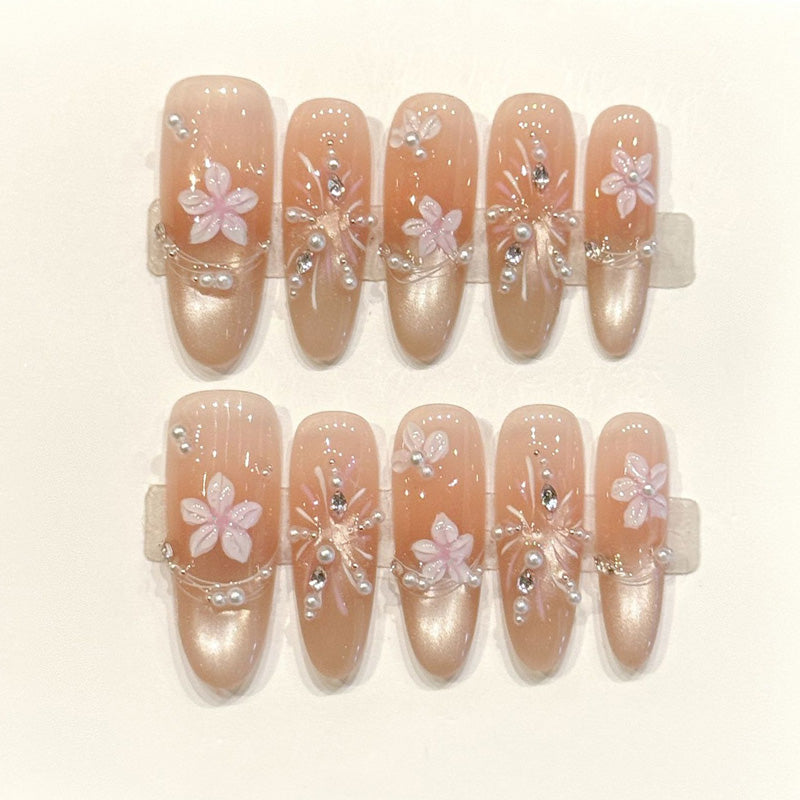 Elegant handmade oval nails with champagne chrome, 3D lavender florals & silver chains - Bridal luxury - Applies in 15 minutes