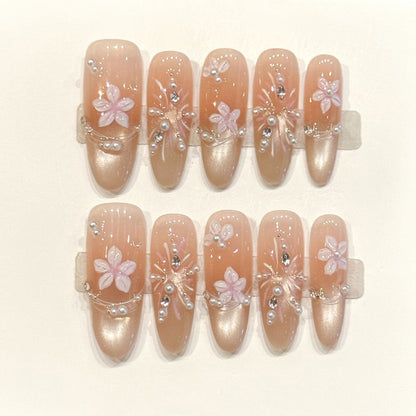 Elegant handmade oval nails with champagne chrome, 3D lavender florals & silver chains - Bridal luxury - Applies in 15 minutes