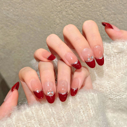 Elegant oval nails with burgundy gloss, silver glitter border, gradient ombre & crystals - perfect for burgundy silver glitter gradient glamorous elegance