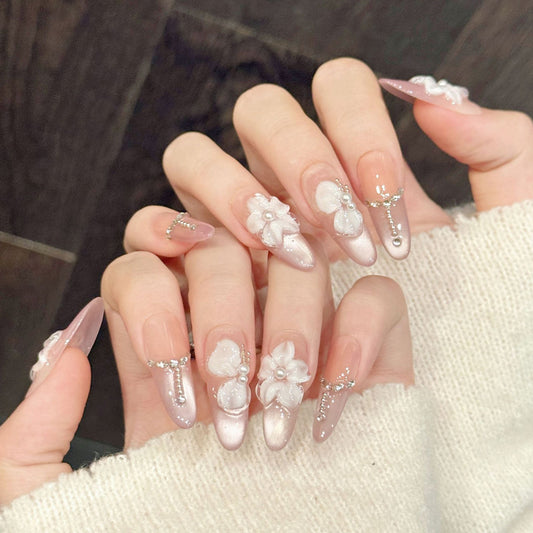Elegant rose gold press-on nails featuring 3D florals & crystals - Damage-free beauty at home - Complete set of 10 nails