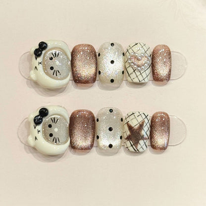 Elegant squoval short press-on nails with 3D bow, rose gold glitter, polka dots & grid patterns - perfect for chic polka dot elegance & timeless style