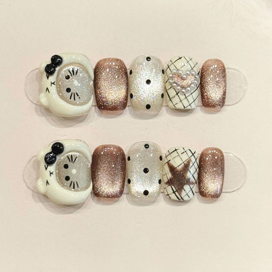 Elegant squoval short press-on nails with 3D bow, rose gold glitter, polka dots & grid patterns - perfect for chic polka dot elegance & timeless style