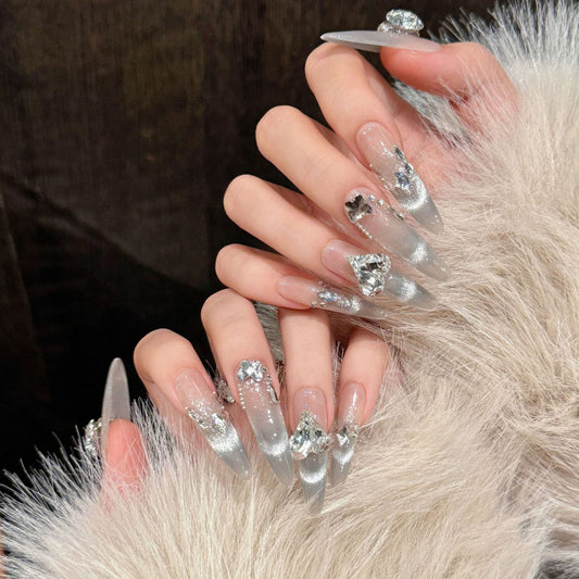 Elegant stiletto long press-on nails with nude, silver & crystal design - perfect for brides, weddings & luxury events, handcrafted quality