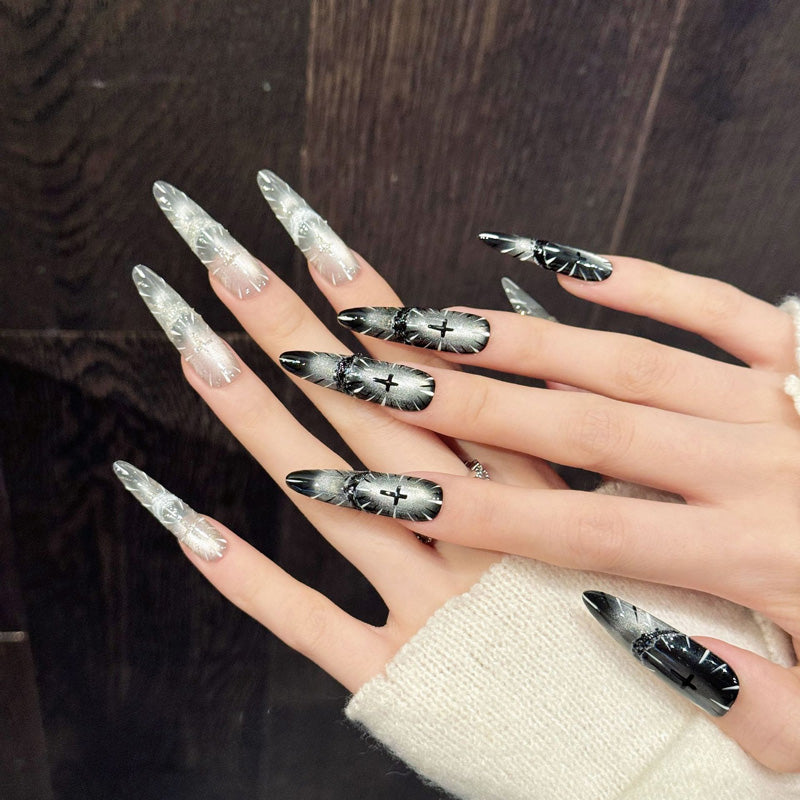 Elegant stiletto long press-on nails with sacred cross symbols, silver glitter rays & chrome finish - perfect for divine elegance & spiritual style