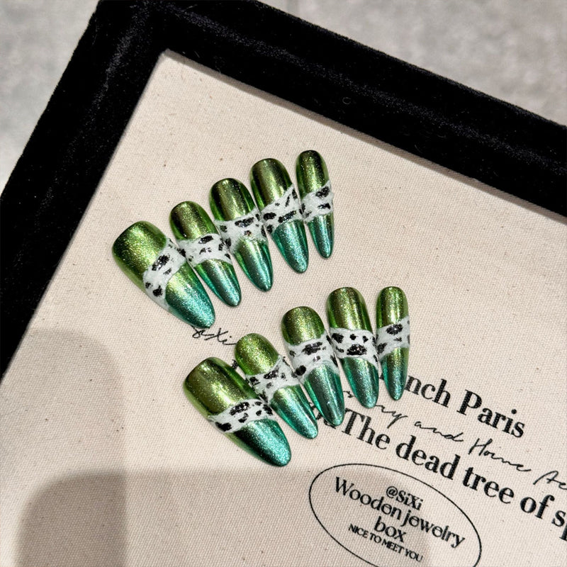 Enchanting Green Gradient Chrome Almond Nails - Iridescent Color-Shifting Finish, Nature-Inspired Design by KAPOWNAILS