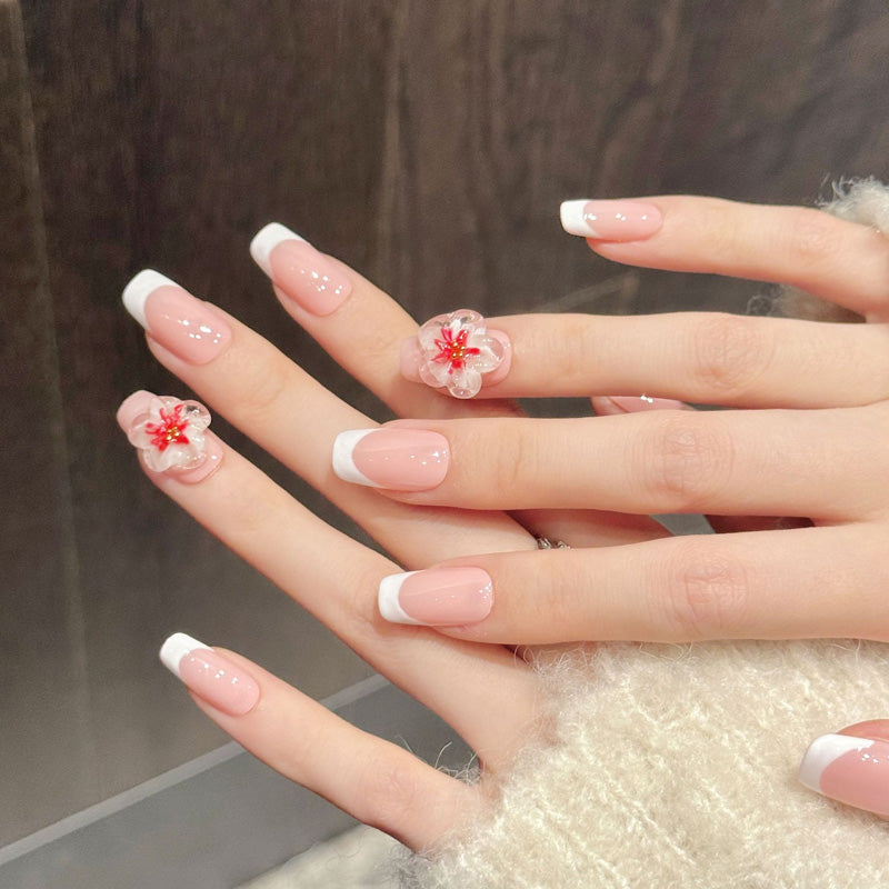 Enchanting coffin press-on nails featuring cherry blossom flower & white dots - Japanese-inspired spring beauty - Complete set of 10
