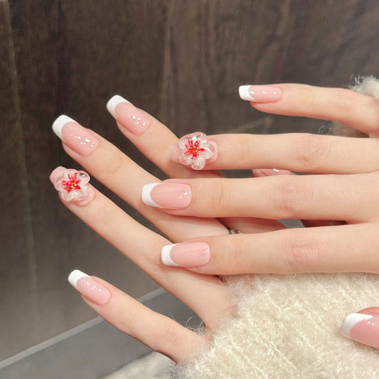 Enchanting coffin press-on nails featuring cherry blossom flower & white dots - Japanese-inspired spring beauty - Complete set of 10