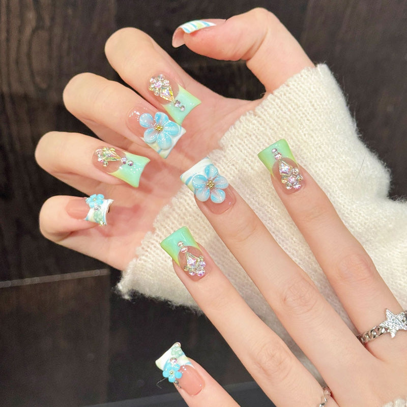 Enchanting duck press-on nails featuring coral-mint-blue ombre, floral charms & holographic accents - Salon art - Set of 10 nails