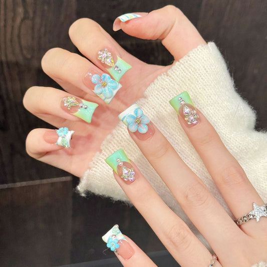 Enchanting duck press-on nails featuring coral-mint-blue ombre, floral charms & holographic accents - Salon art - Set of 10 nails