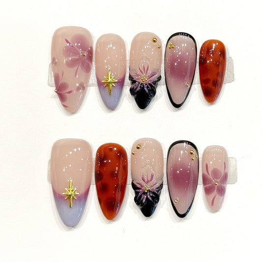 Enchanting handmade almond nails with peachy-mauve-lavender-burgundy gradient & 3D flowers - Romantic dreamy magic - Applies in 15 minutes