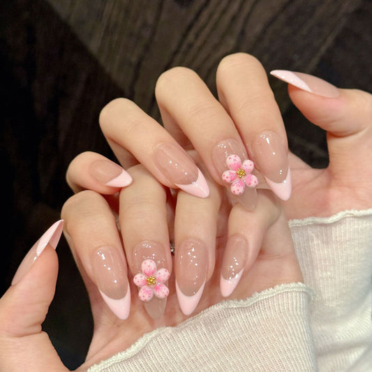 Ethereal gradient almond false nails featuring airbrushed ombré, dimensional floral sculpture & shimmer - bridal 10-piece set