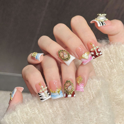 Exquisite duck press-on nails featuring vintage cameos, rhinestone crosses & mixed textures - Museum-worthy art at home - Set of 10 nails