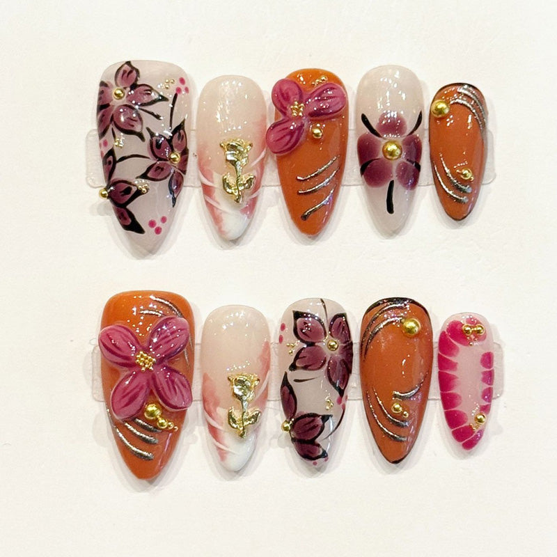 Exquisite handmade almond nails with burgundy 3D flowers, gold rose & botanical art - Luxury elegance - Applies in 15 minutes