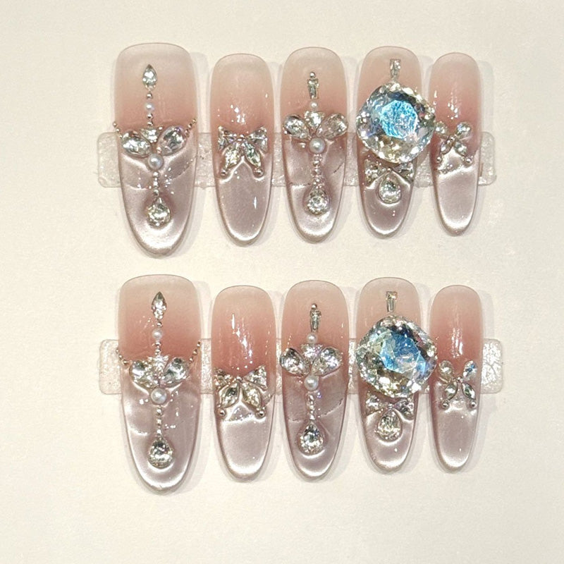 Exquisite handmade oval nails with aqua blue gem, silver bows & rhinestone dangles - Bridal luxury, reusable - Applies in 15 minutes