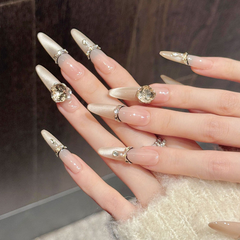 Exquisite stiletto press-on nails featuring engagement ring-inspired diamond & jewelry details - Wedding luxury at home - Set of 10 nails