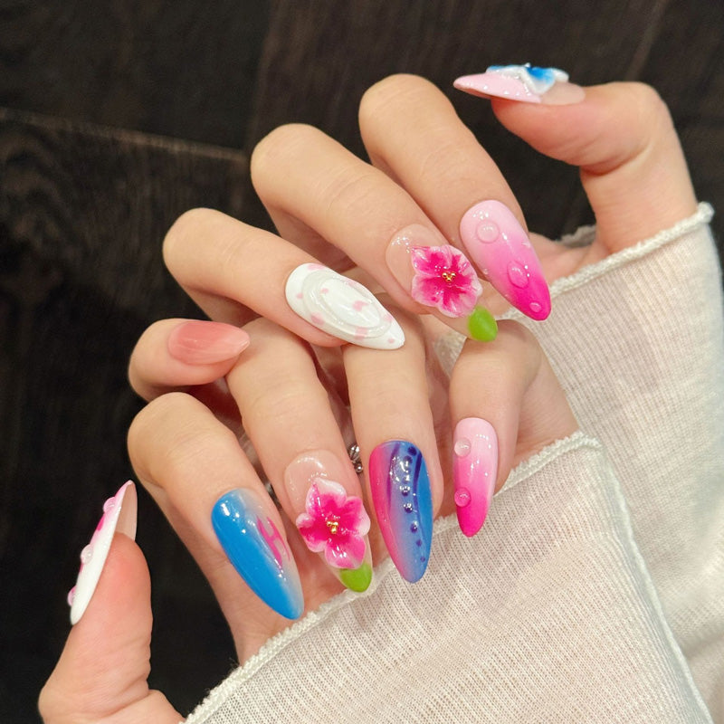 Eye-catching jelly almond nails with dimensional floral resin, gradient effects & bright colors - cheerful translucent nail collection