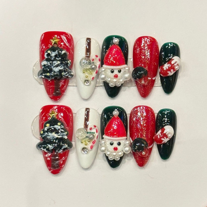 Festive almond nails with 3D Santa, Christmas tree, reindeer & red glitter - perfect for 3D Santa Christmas tree festive magic & holiday celebrations
