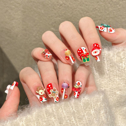Festive coffin medium nails with 3D Santa, reindeer, Christmas tree & gingerbread - perfect for 3D Santa reindeer Christmas charm & holiday celebrations
