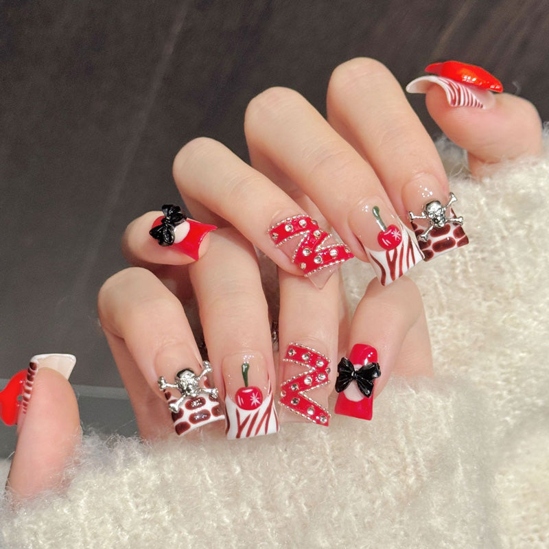 Fierce duck press-on nails featuring oversized lips, rockabilly cherries & zebra stripes - Statement salon art at home - Set of 10 nails