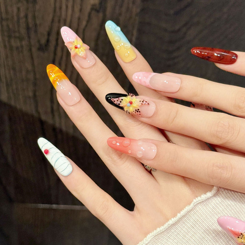 Gallery-worthy almond false nails with dimensional florals, leopard accents & gradient effects - express your artistic personality