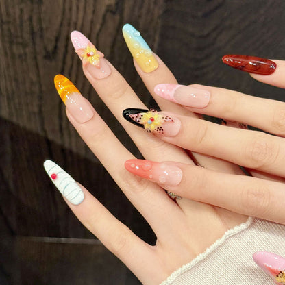 Gallery-worthy almond false nails with dimensional florals, leopard accents & gradient effects - express your artistic personality
