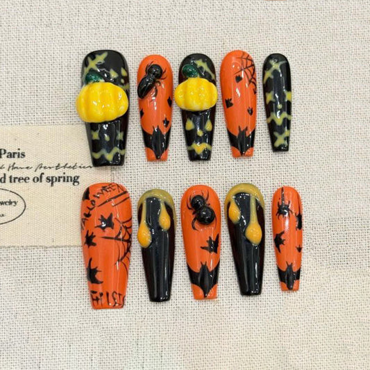 Halloween Witch Pumpkin Coffin Long Press On Nails