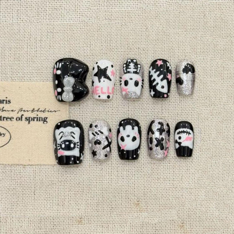 Halloween Kawaii Panda Coffin Short Press On Nails